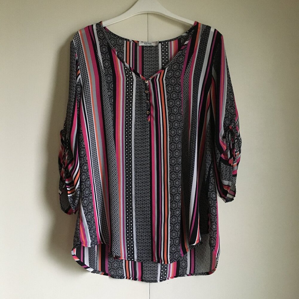 Ricki's Pink Black White Striped Tie Sleeve Semi Sheer Blouse Size 10 Artsy